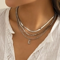 Silver layered necklace set with flat snake chain and pavé crystal letter E pendant - Letter A / Silver