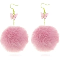 Pink mink fur pom-pom earrings with butterfly accents and gold hooks for women - Deep Pink
