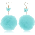 Chic light blue faux mink fur ball drop earrings with golden hook and butterfly detail - Aqua