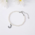 Detailed view of pearl bracelet with rhinestone letter J pendant and adjustable silver clasp - Letter J / Silver