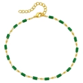 Collier chaîne dorée bohème avec perles dorées et accents de verre cylindrique vert foncé - Vert