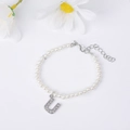 Elegant pearl bracelet with sparkling zircon inlaid letter U charm and silver clasp - Letter U / Silver