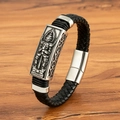 Vintage Herrenarmband aus schwarzem Leder mit geprägtem Hanuman Silbermetall-Anhänger - 19cm / Buddha Relief Stil (M949) / Stahlfarben
