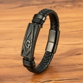 Bracelet pour homme en cuir tressé noir avec symbole maçonnique et fermoir aimanté - 19cm / Noir