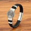 Herren Armband aus schwarzem Leder mit Dollarzeichen-Anhänger und Magnetverschluss - 19cm / Dollarzeichen Stil (M944) / Stahlfarben