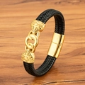 Men's punk braided leather bracelet with gold magnetic clasp on a wood background - 19cm