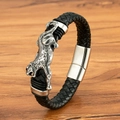 Geflochtenes Herrenarmband aus schwarzem Leder mit silbernem Leoparden-Charm und Magnetverschluss - Leopard (M937) / 19cm / Stahlfarben