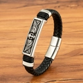 Men's leather braided bracelet with silver skull and wing metal charm on wood surface - 19cm / Steel (M946)