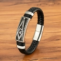 Bracelet pour homme en cuir noir tressé avec plaque argentée au symbole maçonnique G - 19cm / Acier