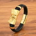 Gothisches Herrenarmband aus geflochtenem Leder mit goldener Totenkopf-Magnetschließe - Totenkopf Flügel Stil (M933) / Gold / Klein