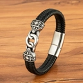 Men's black braided leather bracelet with silver metal charms and magnetic clasp - 19cm