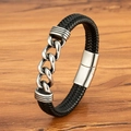 Herren Armband aus schwarzem Ledergeflecht mit silberner Stahlkette und Magnetverschluss - Stahlfarbe (M952) / 19cm