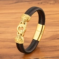 Punk woven leather bracelet in brown and black with gold embossed magnetic clasp - 19cm