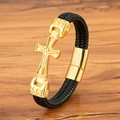 Herrenarmband aus schwarzem Ledergeflecht mit goldenem Kruzifix und Magnetverschluss - 19cm / Gold