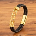 Dunkelbraunes Lederarmband für Herren mit goldener Edelstahl-Gliederkette und Magnetverschluss - Dunkelbraun Gold (M953) / 19cm
