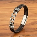 Herren Armband aus geflochtenem braunem Leder mit silberner Stahlkette und Magnetverschluss - Multi Stahl (M953) / 19cm