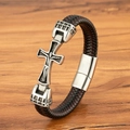 Herren Armband mit Kreuz-Motiv aus schwarz-braun geflochtenem Leder mit Magnetverschluss - 19cm / Stahlfarbe-M962