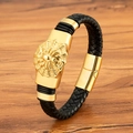 Herrenarmband aus schwarzem Ledergeflecht mit goldener Metallplatte und Spinnenmuster - 19cm / Spinne Relief Stil (M943) / Gold