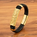 Braided black leather men's bracelet with gold skull wing pendant and magnetic clasp - 19cm / Gold (M946)