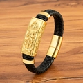 Herren Armband aus schwarzem geflochtenem Leder mit goldenem Relief und Magnetverschluss - 19cm / Buddha Relief Stil (M949) / Gold