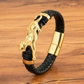 Herrenarmband aus schwarzem geflochtenem Leder mit goldener Leopardenfigur und Magnetverschluss - Leopard (M937) / 19cm / Gold