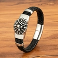 Herren Armband aus geflochtenem schwarzem Leder mit Edelstahl-Spinnennetz-Verschluss - 19cm / Spinne Relief Stil (M943) / Stahlfarben