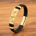 Braided black leather men's bracelet with gold skull reliefs and magnetic clasp - 19cm / Gold (M947)