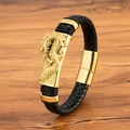 Herrenarmband aus schwarzem Ledergeflecht mit goldenem Drachenrelief-Magnetverschluss - Drache (M938) / 19cm / Gold