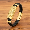 Schwarzes Lederarmband für Herren mit goldener Prägung und praktischem Magnetverschluss - 19cm / Fabelwesen Relief Stil (M950) / Gold