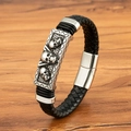 Punk black leather woven men's bracelet featuring steel skulls and magnetic clasp - 19cm / Steel (M947)