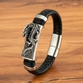 Herrenarmband aus schwarzem Ledergeflecht mit silberner Drachen-Magnet-Schließe - Drache (M938) / 19cm / Stahlfarben