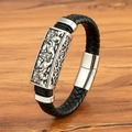 Geflochtenes Herrenarmband in Schwarz mit Drachen-Relief-Plakette und Magnetverschluss - 19cm / Fabelwesen Relief Stil (M950) / Stahlfarben