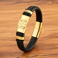 Bracelet pour homme en cuir tressé noir avec plaque dorée signe dollar et fermoir magnétique - 19cm / Style Texture Relief (M945) / Or