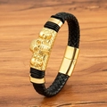 Braided leather skull bracelet for men with gold-plated magnetic clasp and punk charms - Gold (M948)