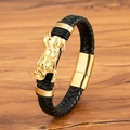 Herrenarmband aus schwarzem Ledergeflecht mit goldenem Pixiu und Magnetverschluss - Pixiu (M939) / 19cm / Gold