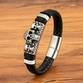 Men's braided black leather bracelet with silver skull charms and magnetic clasp - Steel (M948)