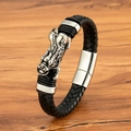 Herren-Armband aus schwarzem Leder mit silbernem Drachenanhänger und Magnetverschluss - Pixiu (M939) / 19cm / Stahlfarben