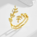 Golden olive leaf ring with cubic zirconia accents in a dual-wrap adjustable style - US 6 / Branch Leaf Jewelry Ring