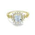 Luxurious S925 silver gold plated ring with ice-clear blue topaz and diamond halo - US 9 / Gold with Blue Stone