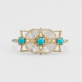 Vintage gold vermeil geometric ring with turquoise and moonstone gems in filigree design - US Size 5 / Opal + Turquoise