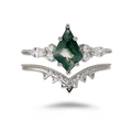 S925 silver ring set with kite-cut moss agate and V-shaped chevron crown ring - US 5 / Moss Agate Set (Silver)