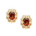 Vintage gold plated s925 silver stud earrings with oval red garnet and lace hollow design - Red Garnet Stud Earrings