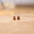 Macro shot of garnet drop earrings with gold finish and sparkling white zircon detail - Red Garnet Earrings