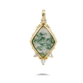 Vintage rhombus pendant with green moss agate in a 14K gold-plated frame and diamond accents - Pendant
