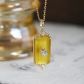 Vintage 14k gold-plated S925 silver necklace with rectangular amber pendant and silver bird - One Size / Pendant Necklace