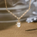 Elegant gold-plated silver V-shaped necklace with oval moissanite and engraved frame - Matching Necklace / Length 40+5cm