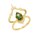 Vintage pear cut moss agate ring set in gold plated S925 silver with zircon accents - US 6 / Moss Agate Ring And V-shaped Crown Ring