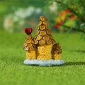 Miniature resin yellow castle house for fairy garden with brown roof and red heart topper - Fairy Heart Castle (Style C)
