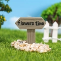 Miniature resin garden sign with Flowers Time text and a decorative stone base - Double Arrow Style (flowers time)