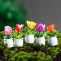 Five-piece miniature dollhouse flower pots set with colorful blossoms and white vases - Colorful